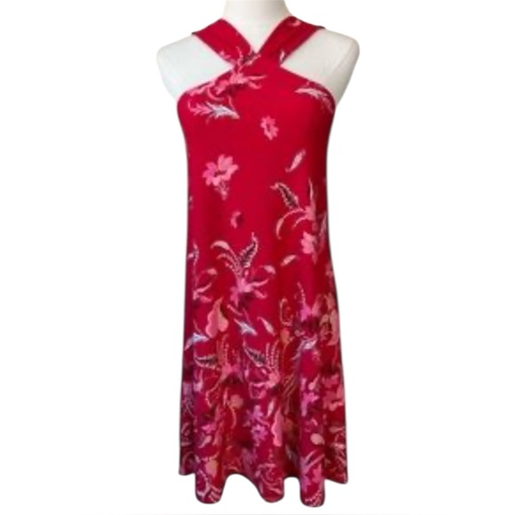 LOFT Chic vibrant flirty red Floral backless design stylish Halter Swing Dress - Picture 1 of 9
